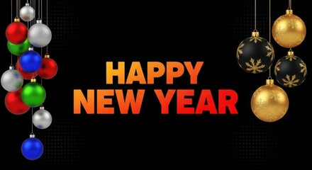 Happy New Year text with hanging Christmas ornaments