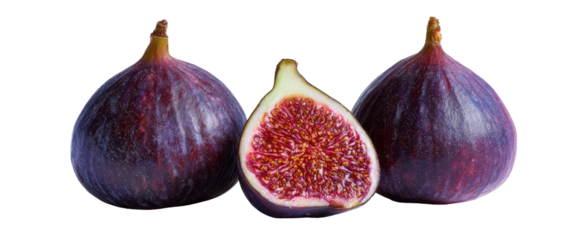 Three whole and half figs, deep purple and reddish-pink interior, on black background