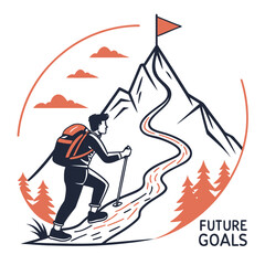 Illustration of a hiker with a backpack climbing a mountain towards a flag at the summit, symbolizing future goals and achievement