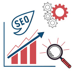 Search engine optimization concept with upward trending graph gears and magnifying glass illustration
