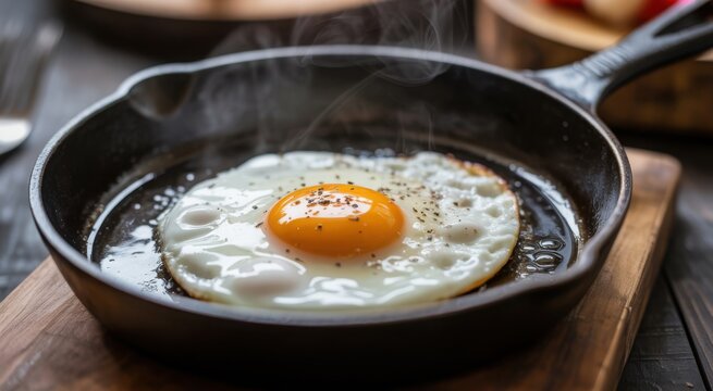 Egg in a Frying Pan: Capturing the simple pleasure of breakfast with a close-up shot of a perfectly fried egg sizzling in a cast-iron pan.