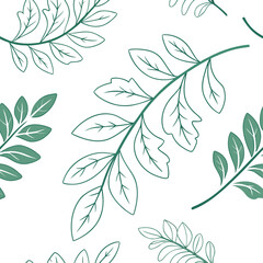Seamless pattern of delicate green leaf branches with simple outlines on a white background
