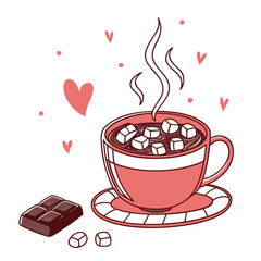 A delightful handdrawn illustration of a steaming cup of hot chocolate, accompanied by a chocolate bar, the perfect cozy treat