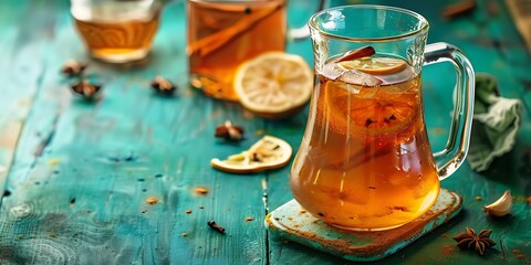 Cozy autumn drink with cinnamon and citrus slices on a rustic wooden table