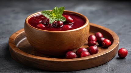 Delicious homemade cranberry sauce in a rustic wooden bowl garnished with fresh mint leaves