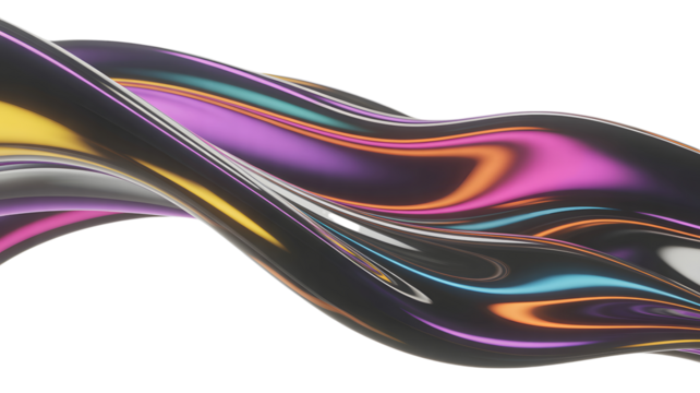 Abstract swirling metallic ribbon with iridescent colorful reflections isolated on transparent background