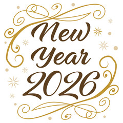 Welcome the new year 2026 with this elegant design featuring decorative swirls and stylish lettering in warm brown tones perfect for festive greetings