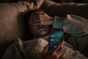Fototapeta premium Person on couch with phone, hand over eyes, depicting emotional disconnection
