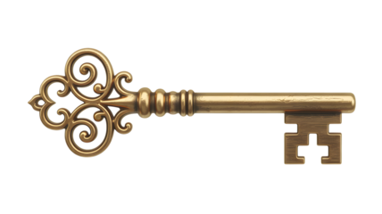 Antique brass skeleton key with ornate scrollwork on a transparent background