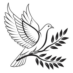 A peaceful vector illustration of a dove in flight, carrying an olive branch, , symbolizing peace, hope, and new beginnings in a minimalist design