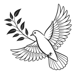 A graceful dove soars, carrying an olive branch, symbolizing peace and hope, its wings are spread wide, feathers detailed, creating a serene image