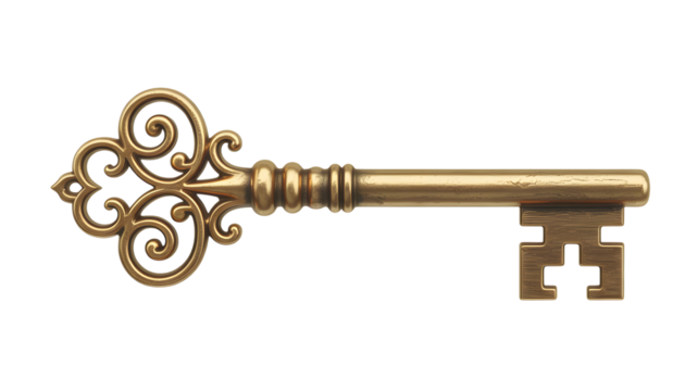Antique brass skeleton key with ornate scrollwork on a transparent background