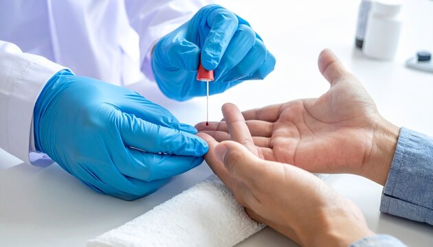 A healthcare professional wearing blue gloves performs a finger-prick blood test on a patient. A drop of blood is collected with a small capillary tube, symbolizing medical care and diagnostics.