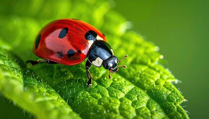 Fototapeta premium Close up macro photograph of a vibrant red ladybug with black spots resting on a textured green leaf with soft blurred background in bright daylight