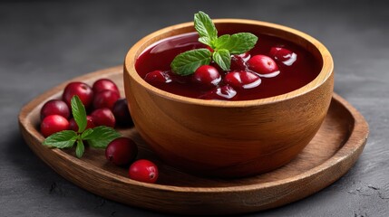 Refreshing cranberry drink in a wooden cup garnished with fresh cranberries and mint leaves