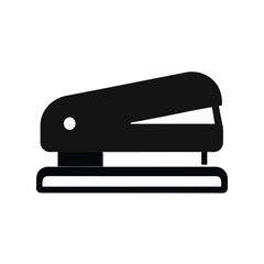 A minimalist, flat design illustration of a black stapler with a white accent and a small red detail on its base.