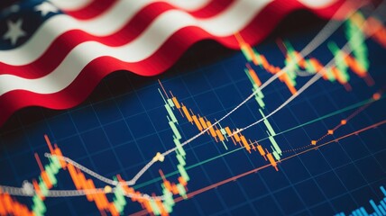 USA flag with stock charts, representing financial markets and economic growth