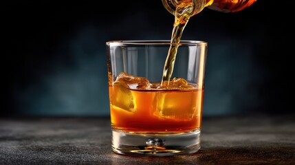 Pouring golden amber liquid into a clear glass with ice cubes on a dark background