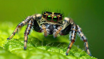 Fototapeta premium Close up Macro Shot of a Tiny Jumping Spider with Vibrant Green Eyes on a Lush Green Leaf with Soft Natural Daylight Illuminating its Detailed Texture and Hairy Legs