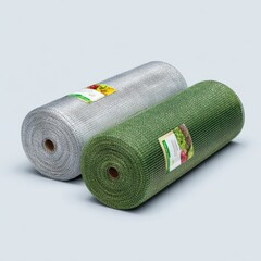 Two rolls of garden netting one silver and one green on a plain background