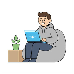 Young man using laptop and smiling while sitting