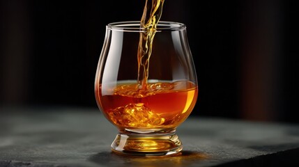 Amber colored whiskey being poured into a tasting glass with ice cubes