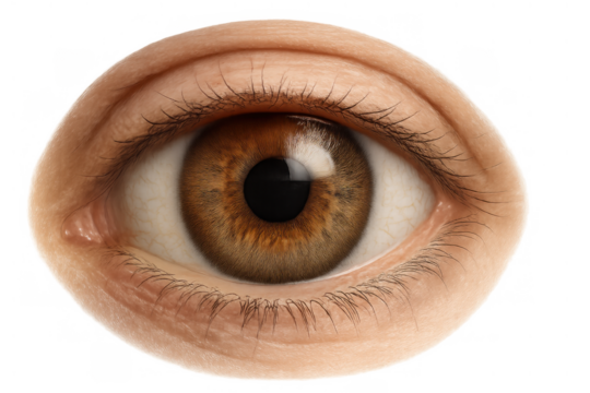 Human brown eye with iris, pupil, and eyelashes showing vision, sight, and looking, isolated on transparent background