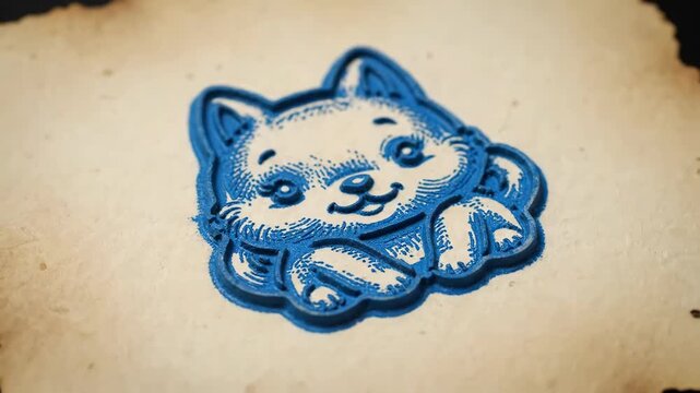 Cartoon cat illustration blue embossed on textured background
