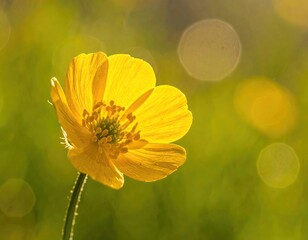 Close Up Of A Bright Yellow Buttercup Flower With Green Stamen And Leaves In A Field On A Sunny Day With Soft Bokeh Background
