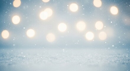 Abstract winter background with snow and blurred lights.