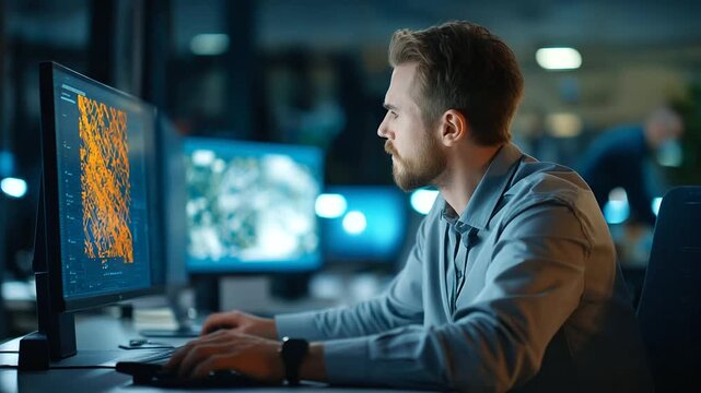 A photovoltaics factory manager under bold amber light studies schematics on a PC hyper realistic assembly blueprints glowing moody shadows on production floors bright