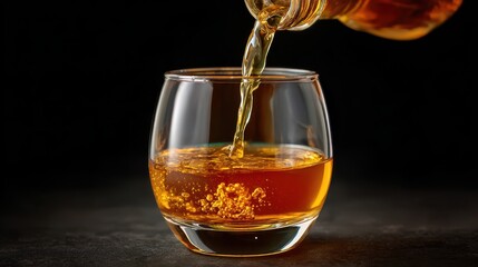 Amber liquid being poured into a clear glass creating a refreshing beverage
