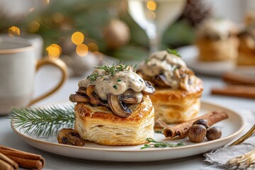 Chestnut and Mushroom Vol-au-vent, golden brown puff pastry shells filled with chestnut mushroom ragout topped with creamy sauce. Concept of cozy festive dining atmosphere.