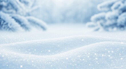 Snowy landscape with snow-covered ground and blurred pine trees in the background, creating a serene winter scene.