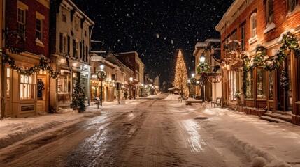 Obraz premium A snowy Christmas night in a festive village with glowing homes, a decorated tree, and softly falling snow creating a cozy, magical holiday atmosphere.