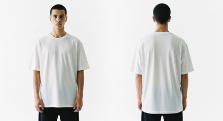 Front and back view of a man wearing a white oversized t-shirt and dark pants, standing against a white background.