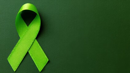 A green awareness ribbon set against a solid green backdrop serves as a symbol of support for mental health awareness