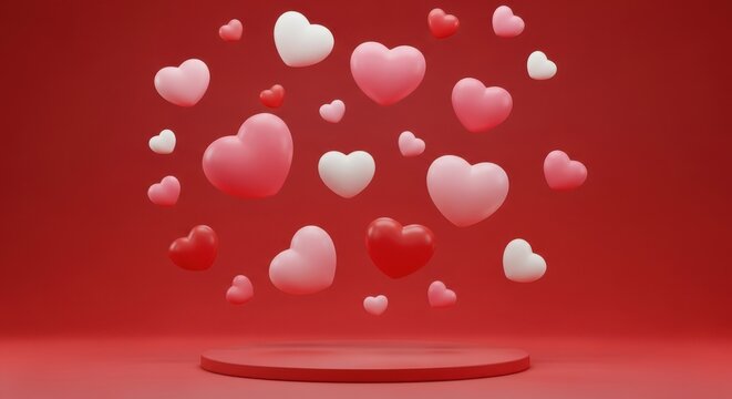 Romantic hearts floating on red background for valentines day concept - Powered by Adobe