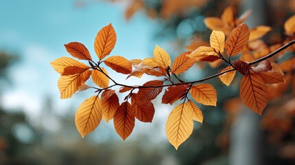 Vibrant autumn leaves in warm orange and yellow hues against a soft blue sky