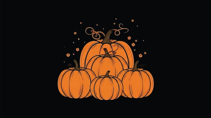 A stylized illustration of a family of five orange pumpkins with sparkles on a black background.