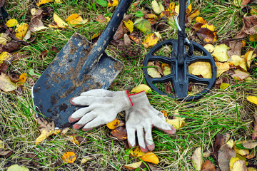 A metal detector sits near a shovel and work gloves on grass covered with colorful autumn leaves....