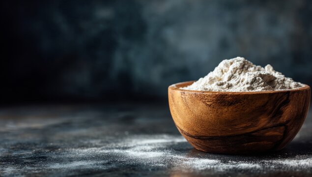 Rustic wooden bowl containing pure white zinc oxide powder, a natural remedy and key sunscreen ingredient