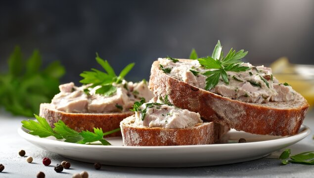 Crusty bread is generously spread with smooth liver pate and fresh herbs, making it a tasty snack for lunch