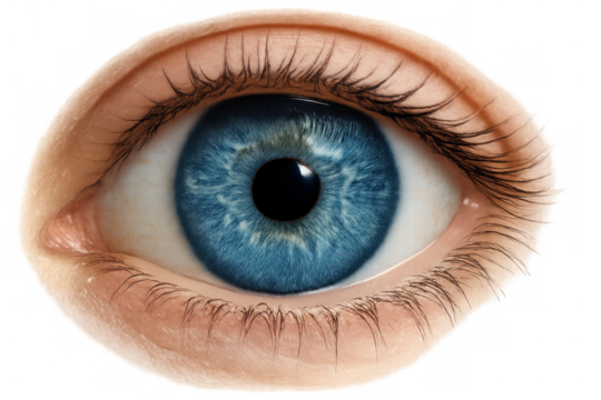 Human blue eye with detailed iris and pupil, observing vision, sight, and clear perception on transparent background