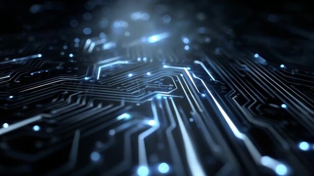 Closeup of glowing circuit board with blue highlights and intricate pathways