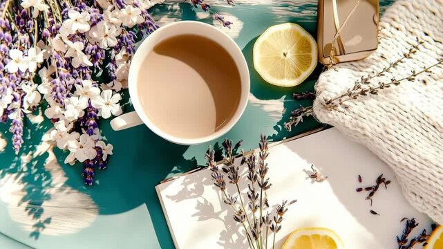 Cozy flat lay with coffee, lavender, and lemon