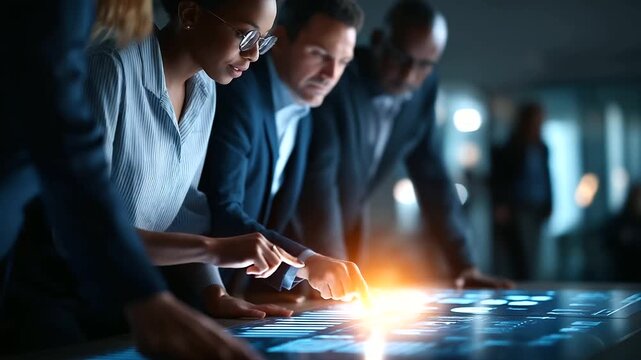 Business associates under stark amber light analyze key performance indicators hyper realistic dashboards glowing moody shadows on a conference table bold saturation in charts