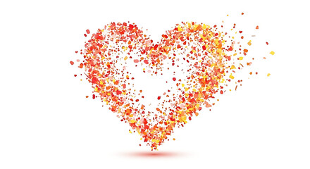 A vibrant red and orange heart symbol dissolving into scattered particles on a white background.