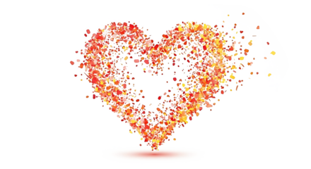A vibrant red and orange heart symbol dissolving into scattered particles on a white background.