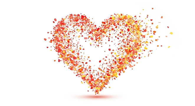 A vibrant red and orange heart symbol dissolving into scattered particles on a white background.